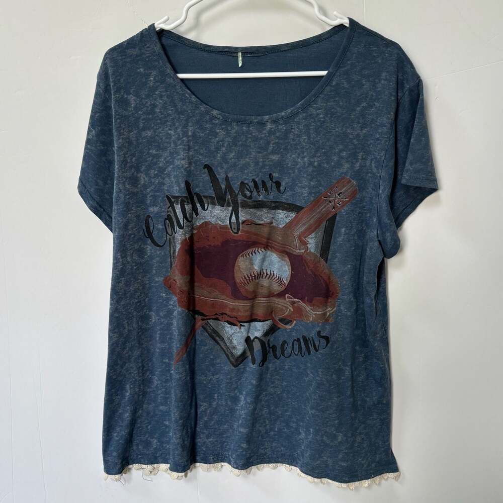Catch Your Dreams Baseball Graphic T-Shirt Blue Acid Wash Lace Hem Size Large